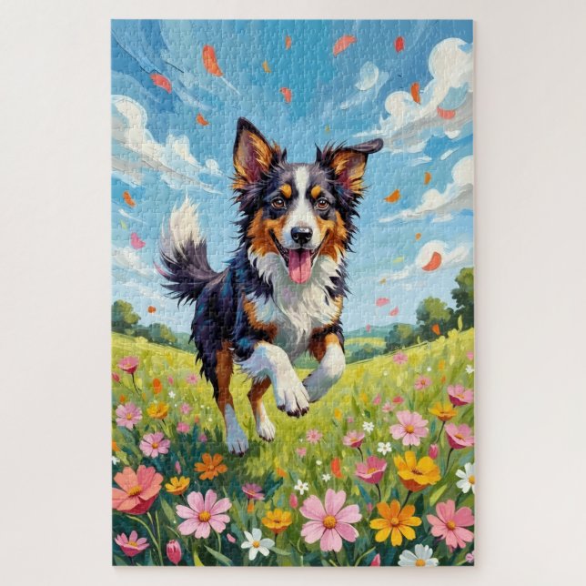 Quebra-cabeça Australian Shepherd Spring Wildflower Dog (Vertical)