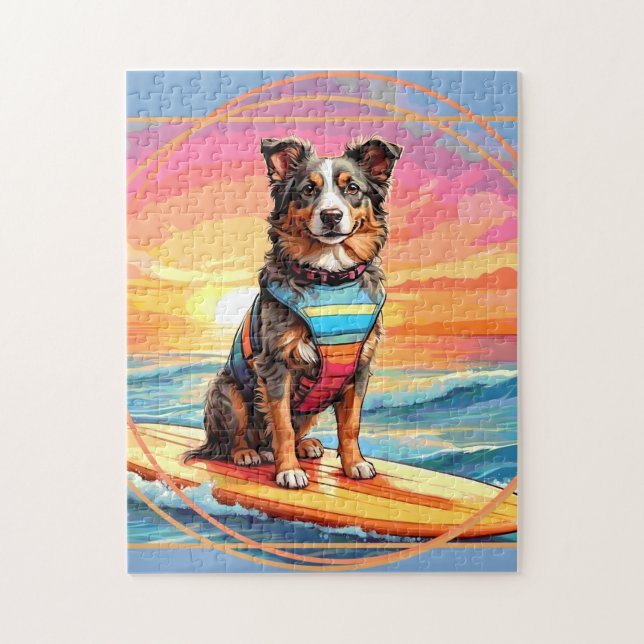 Quebra-cabeça Australian Shepherd Surfando (Vertical)