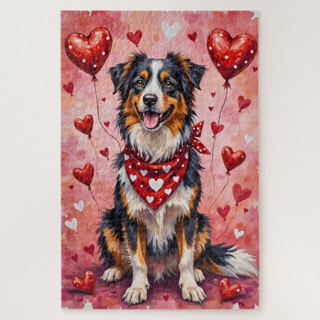 Quebra-cabeça Australian Shepherd Valentine Dog Art with Hearts (Vertical)