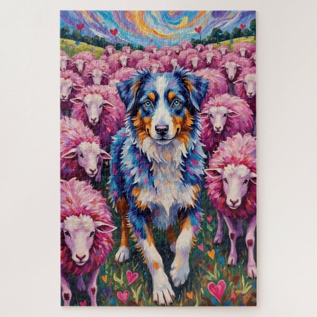 Quebra-cabeça Australian Shepherd Valentine's Day Herding Hearts (Vertical)