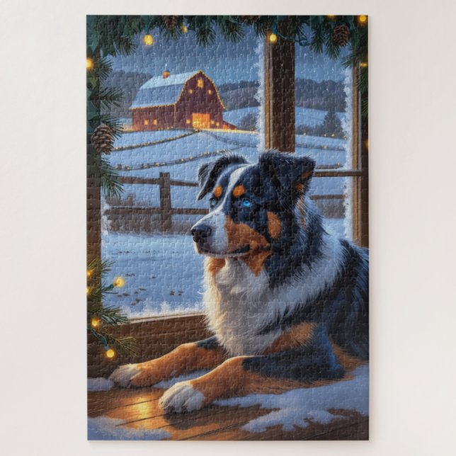 Quebra-cabeça Australian Shepherd With Christmas Lights Holiday (Vertical)