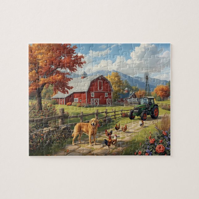 Quebra-cabeça Autumn Farm Dog Tractor Red Barn Fall Scene (Horizontal)