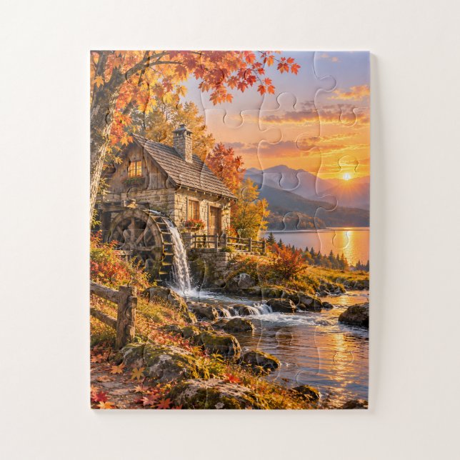 Quebra-cabeça Autumn Watermill Sunset Jigsaw Puzzle (Vertical)