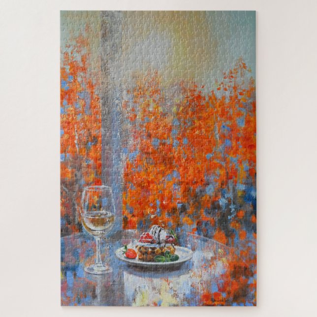 Quebra-cabeça Autumn Window with Wine and Dessert (Vertical)