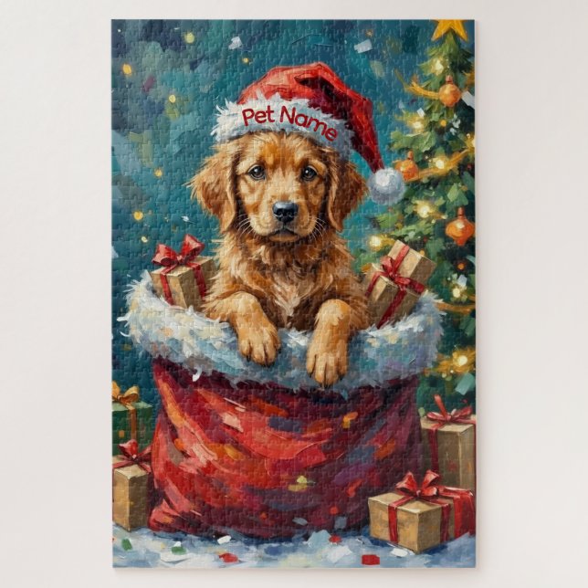 Quebra-cabeça Aventura da Bolsa de Papai Noel com Golden Retriev (Vertical)