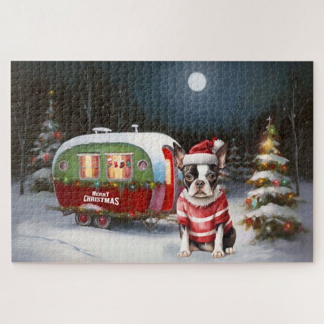 Quebra-cabeça Aventura de Natal da Caravana do Boston Terrier  (Horizontal)