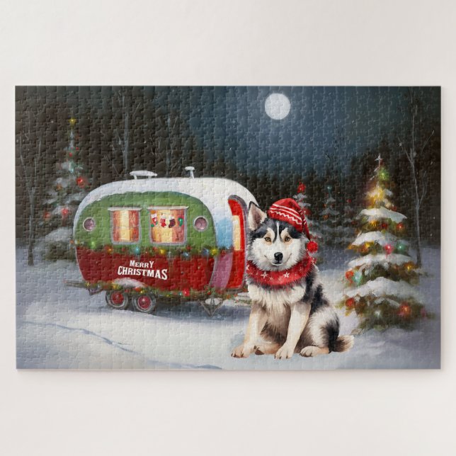 Quebra-cabeça Aventura de Natal da Caravana Siberian Husky de In (Horizontal)