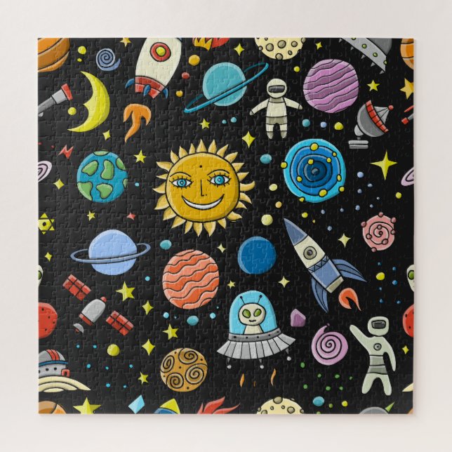 Quebra-cabeça Aventura espacial: planetas, padrões de foguetes. (Vertical)