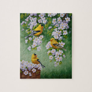Quebra-cabeça Aves Goldfinch e Flores de Blossom de Maçã