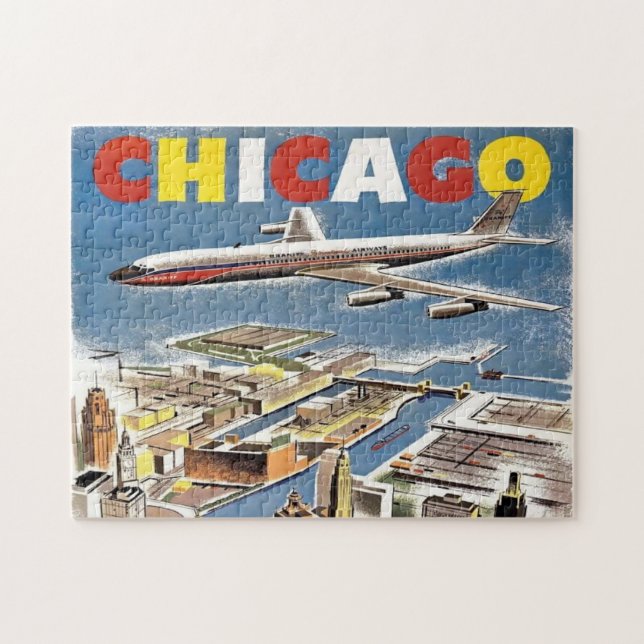 Quebra-cabeça Avião Skyline Vintage Chicago (Horizontal)