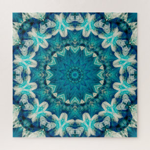 Quebra-cabeça Azul Aqua Mandala Rosette Retro Hippie