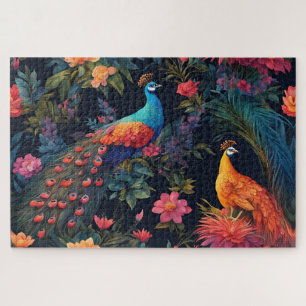 Quebra-cabeça Azul Elegante e Pavão Dourado no Jardim Colorido