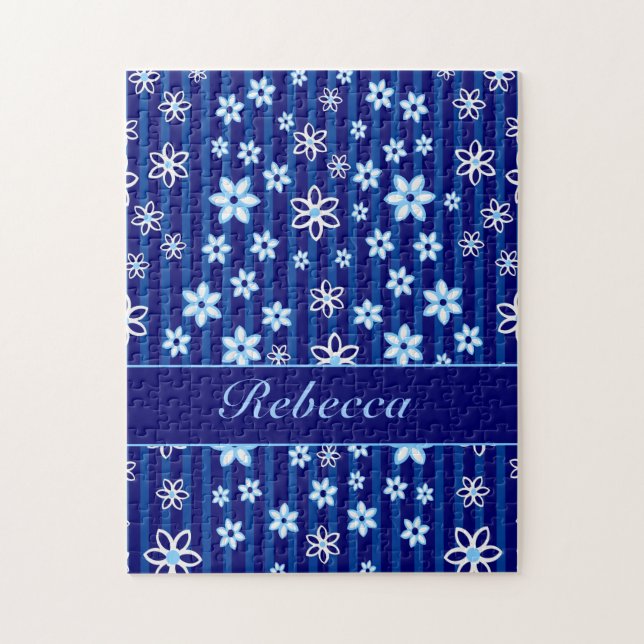 Quebra-cabeça Azul floral personalizado e branco modelados (Vertical)