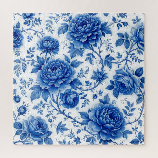 Quebra-cabeça Azul Fluido Flores Rosas Peônias Azul Cobalto Bran