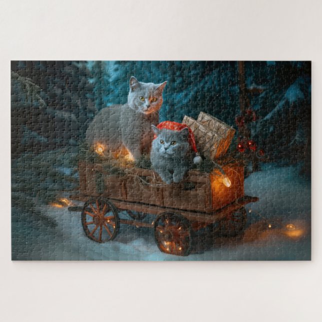 Quebra-cabeça Azul Russo Gato Snowy Sleigh Decência de Natal (Horizontal)