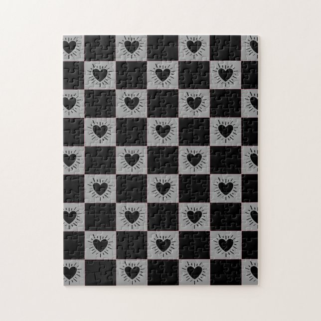 Quebra-cabeça Azulejo Xadrez Preto e Cinza Com Padrão de Coraçõe (Vertical)