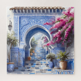 Quebra-cabeça Azulejos azuis cor-de-rosa Bougainvillea Marrocos