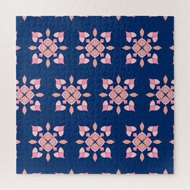 Quebra-cabeça Azulejos Florais Geométricos Rosa e Azul Marinho (Vertical)