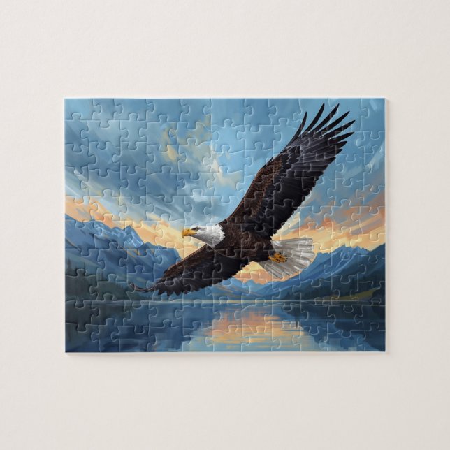 Quebra-cabeça Bald Eagle Soaring Mountain Lake Sunset Art (Horizontal)