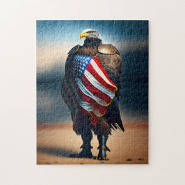 Quebra-cabeça Bald Eagle Vestindo Armor Segurando Bandeira Ameri
