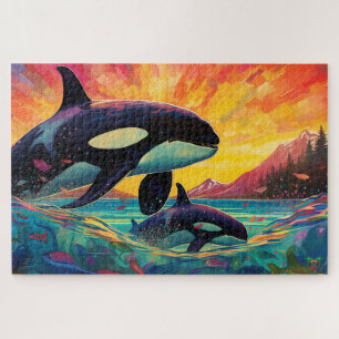 Quebra-cabeça 🐙 Baleia de um Tempo: Mãe Orca e Vitelo