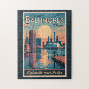 Quebra-cabeça Baltimore Maryland Skyline Viagem Art Vintage