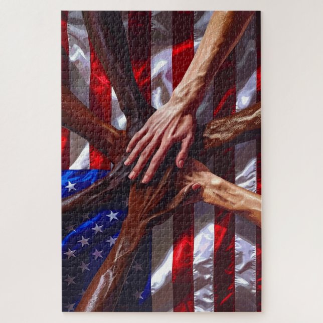 Quebra-cabeça Bandeira Americana com mãos de vários americanos (Vertical)
