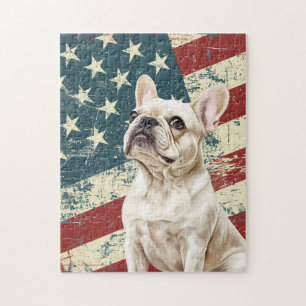 Quebra-cabeça Bandeira Americana Grunge Bulldog Francês Branco