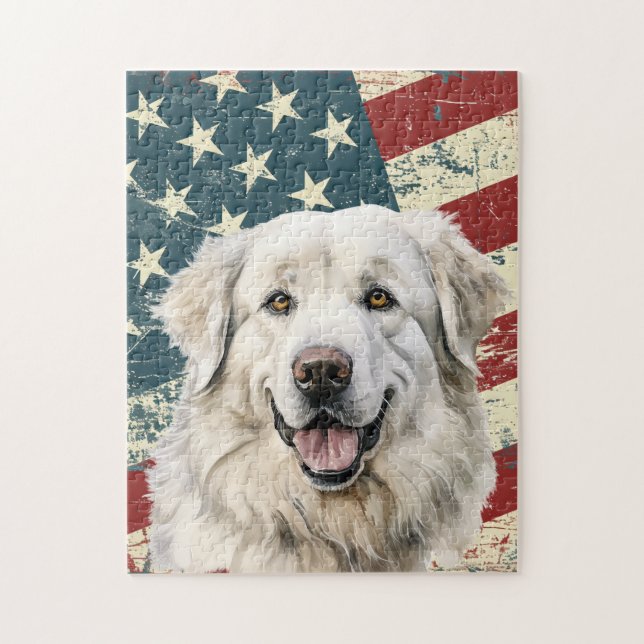 Quebra-cabeça Bandeira Americana Grunge Cachorro Great Pyrenees (Vertical)