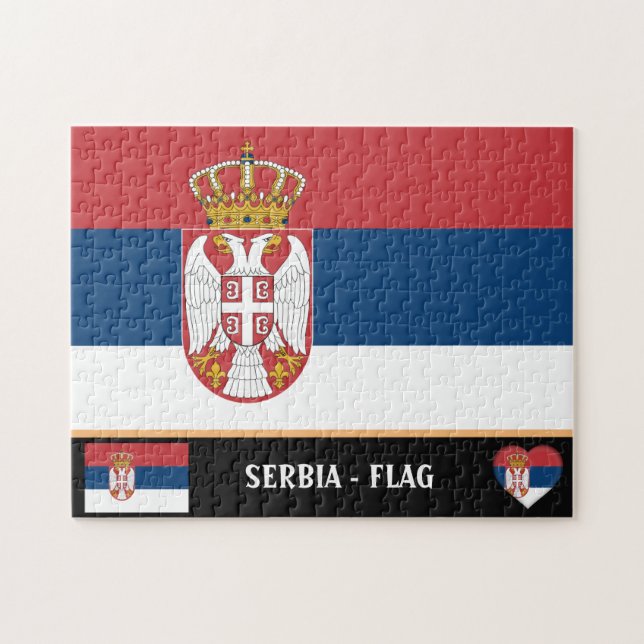 Quebra-cabeça Bandeira Sérvia e Sérvia - país, feriado e esporte (Horizontal)