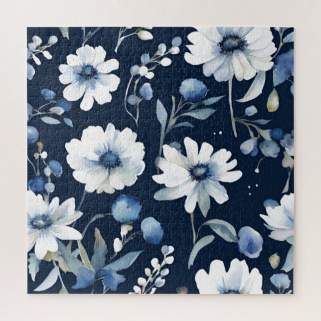 Quebra-cabeça Bando de Flores Elegante Aquarela Azul (Vertical)