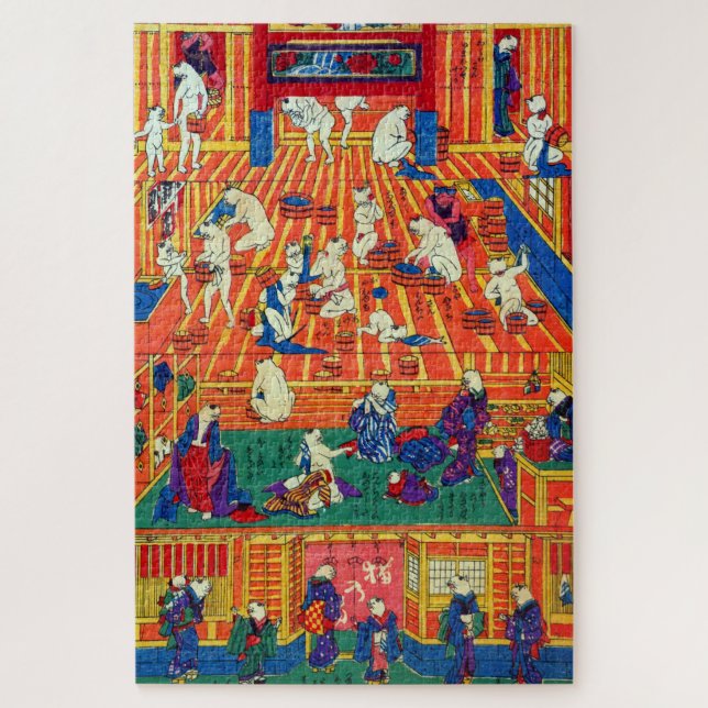 Quebra-cabeça Banho Comunal do Gato Japonês, Utagawa Yoshifuji (Vertical)