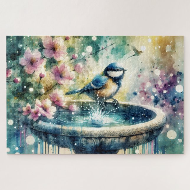 Quebra-cabeça Banho de Pássaros de Primavera Aquarela (Horizontal)