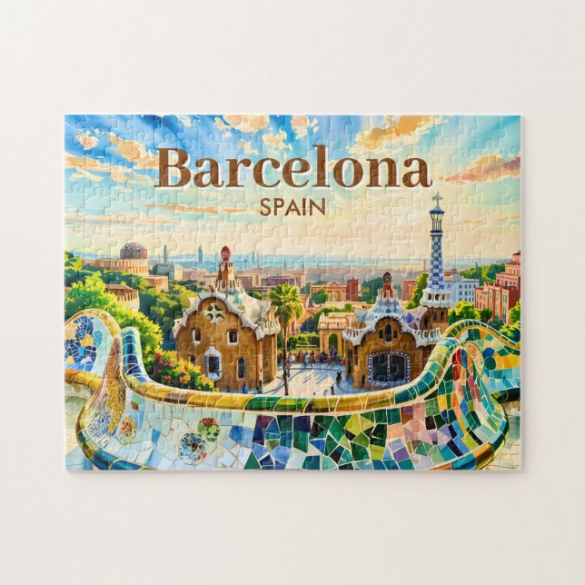 Quebra-cabeça Barcelona Espanha Aquarela Personalizada Parque Gü (Horizontal)
