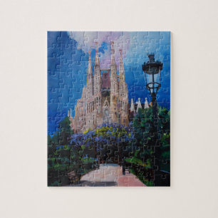 Quebra-cabeça Barcelona Sagrada Familia com parque e lanterna