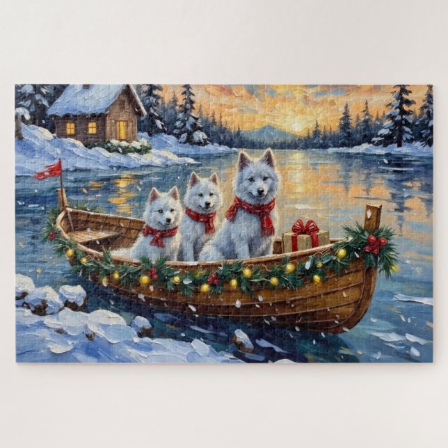 Quebra-cabeça Barco de Natal do Samoyed Branco Férias (Horizontal)