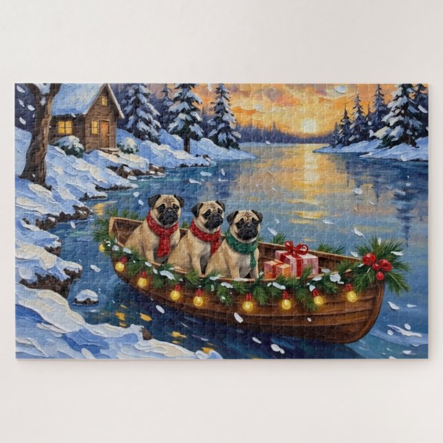 Quebra-cabeça Barco de Natal Pug Férias (Horizontal)
