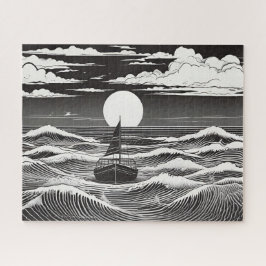 Quebra-cabeça Barco de Solitário com esboço preto e branco no ma