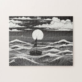 Quebra-cabeça Barco Solitário preto-e-branco em um oceano tempes