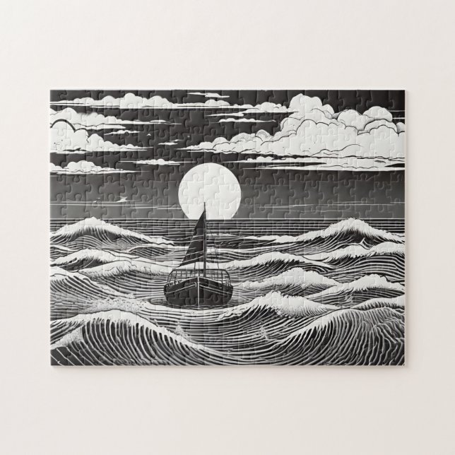 Quebra-cabeça Barco Solitário preto-e-branco em um oceano tempes (Horizontal)