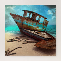 Barco Velho Enferrujado Abandonado em uma Praia Ar