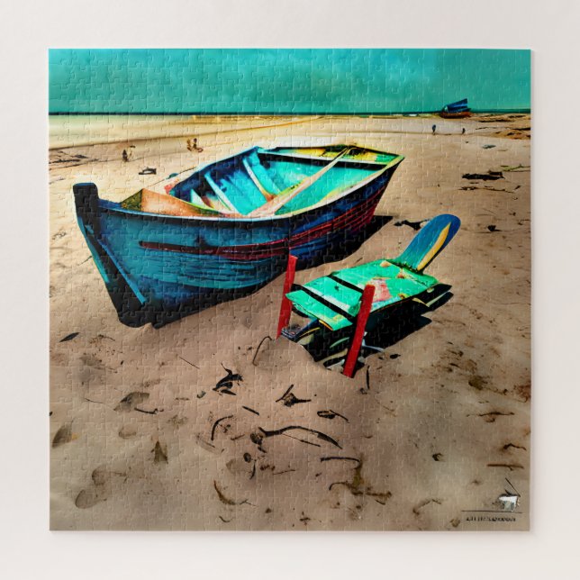 Quebra-cabeça Barco Verde-azulado em uma Praia Arenosa (Vertical)