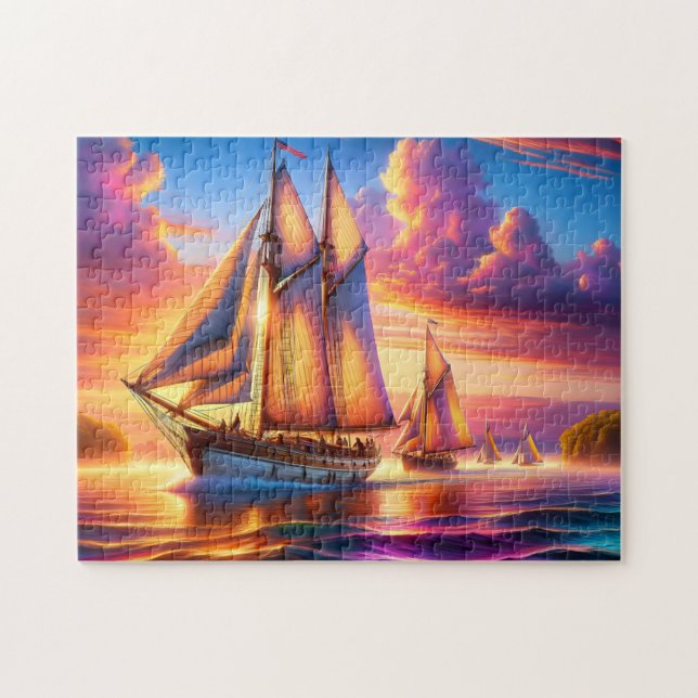 Quebra-cabeça Barcos à Vela ao Amanhecer Regata Náutica (Horizontal)