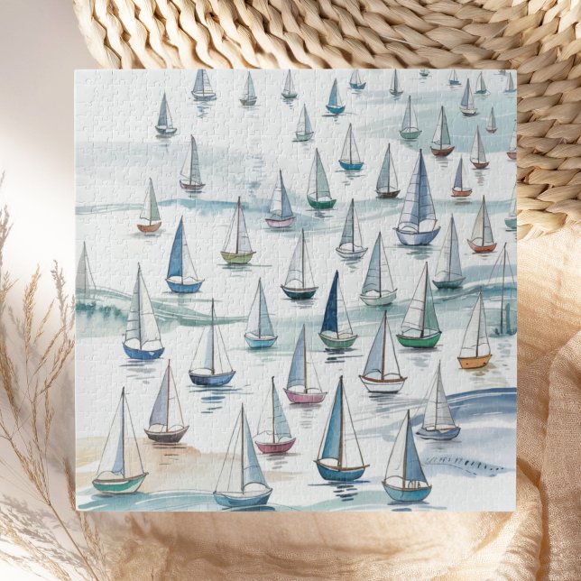 Quebra-cabeça Barcos à Vela em Aquarela no Mar Náutico (Criador carregado)