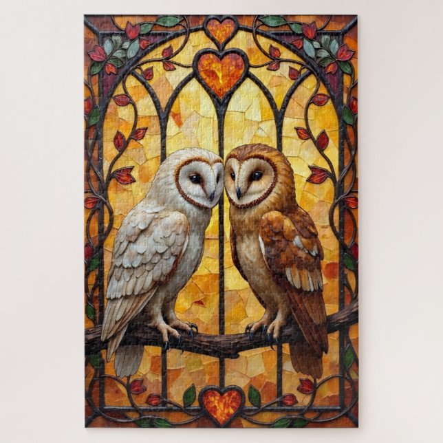 Quebra-cabeça Barn Owls Heart-Faced Stained Glass Embrace (Vertical)