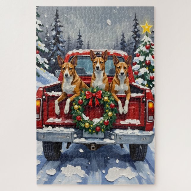 Quebra-cabeça Basenji Caminhão Vermelho de Natal Feriado (Vertical)