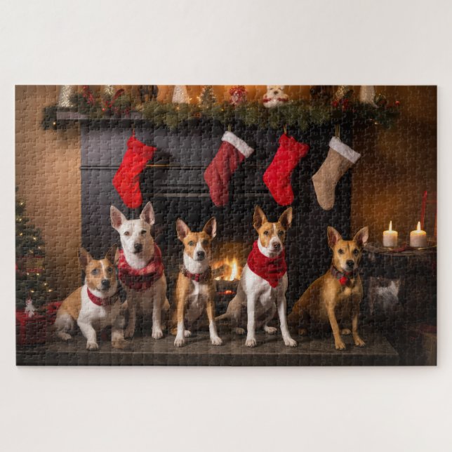 Quebra-cabeça Basenji em frente à Lareira Natal (Horizontal)