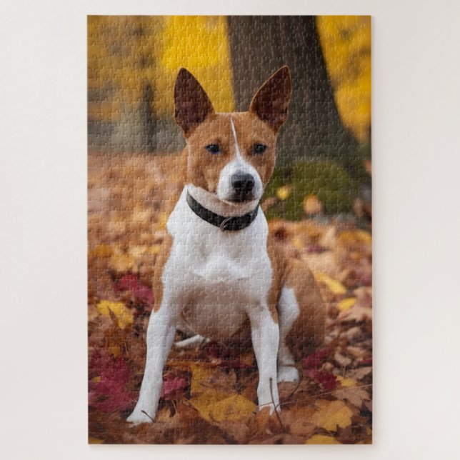 Quebra-cabeça Basenji no outono deixa cair inspiração (Vertical)