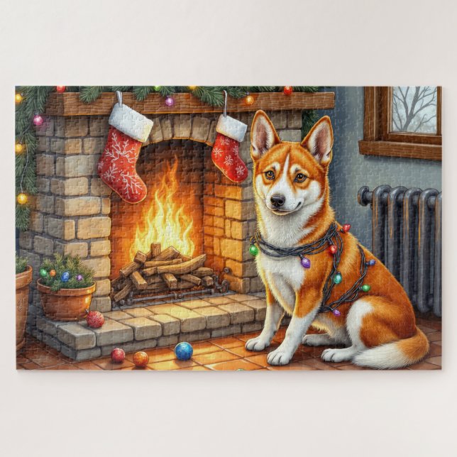 Quebra-cabeça Basenji Sitting by Fireplace with Christmas Lights (Horizontal)