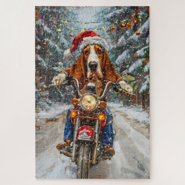 Quebra-cabeça Basset Hound Cão Andando de Motocicleta Natal  (Vertical)